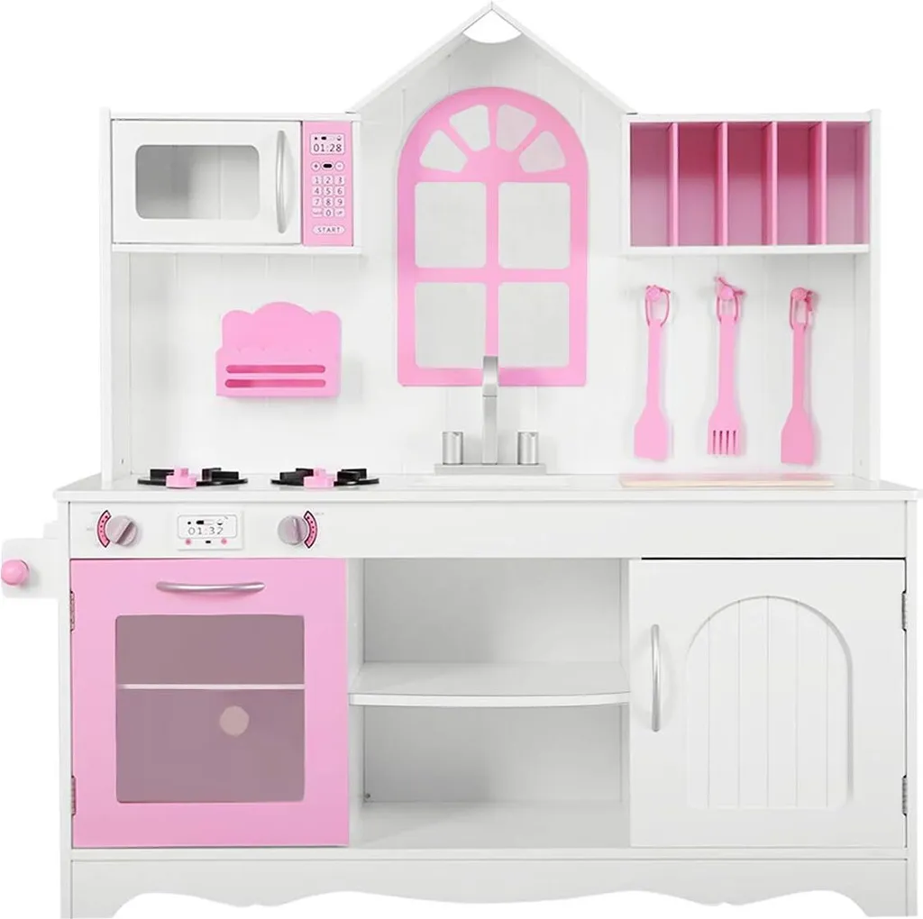 Petite cuisine enfant bois robuste et stable avec rangements rose blanc