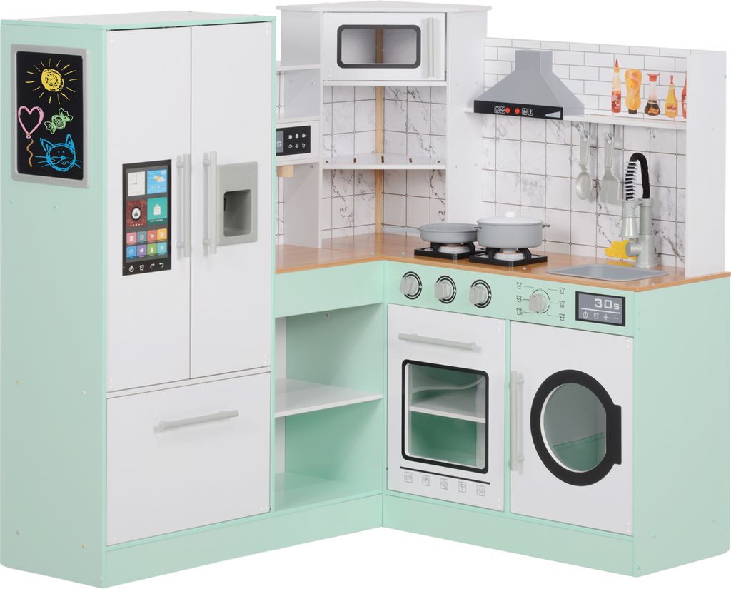 AIYAPLAY Kinderküche, Spielküche mit Tafel, Dunstabzugshaube, Eiswürfelmaschine, Mikrowelle, Ofen, Kühlschrank, realistischen Licht- und Sounde...