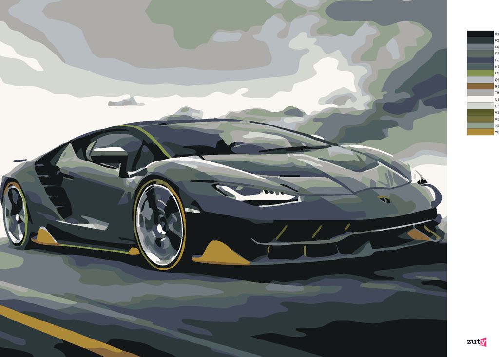 A digital painting of a dark gray Lamborghini sports car on a road with a cloudy sky.
