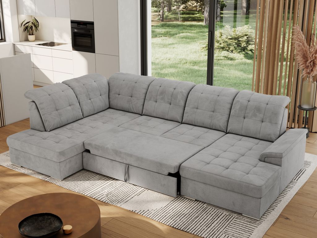 MKS MEBLE Ecksofa Wohnlandschaft U-Form, Sofa mit Schlaffunktion, Schlafsofa mit bettkasten, Couch mit Schlaffunktion - Hellgrau Velvet - Madrito U...