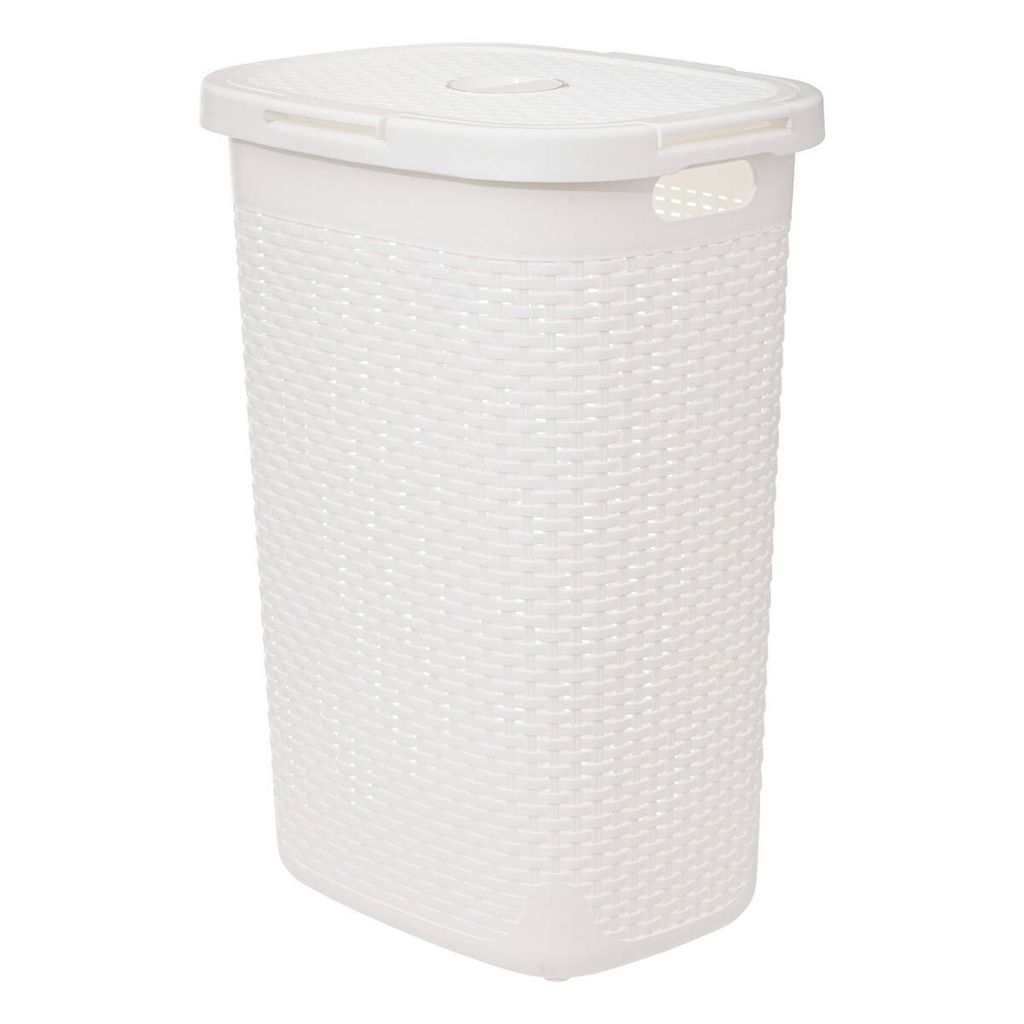 A white laundry basket with a woven texture and a lid.