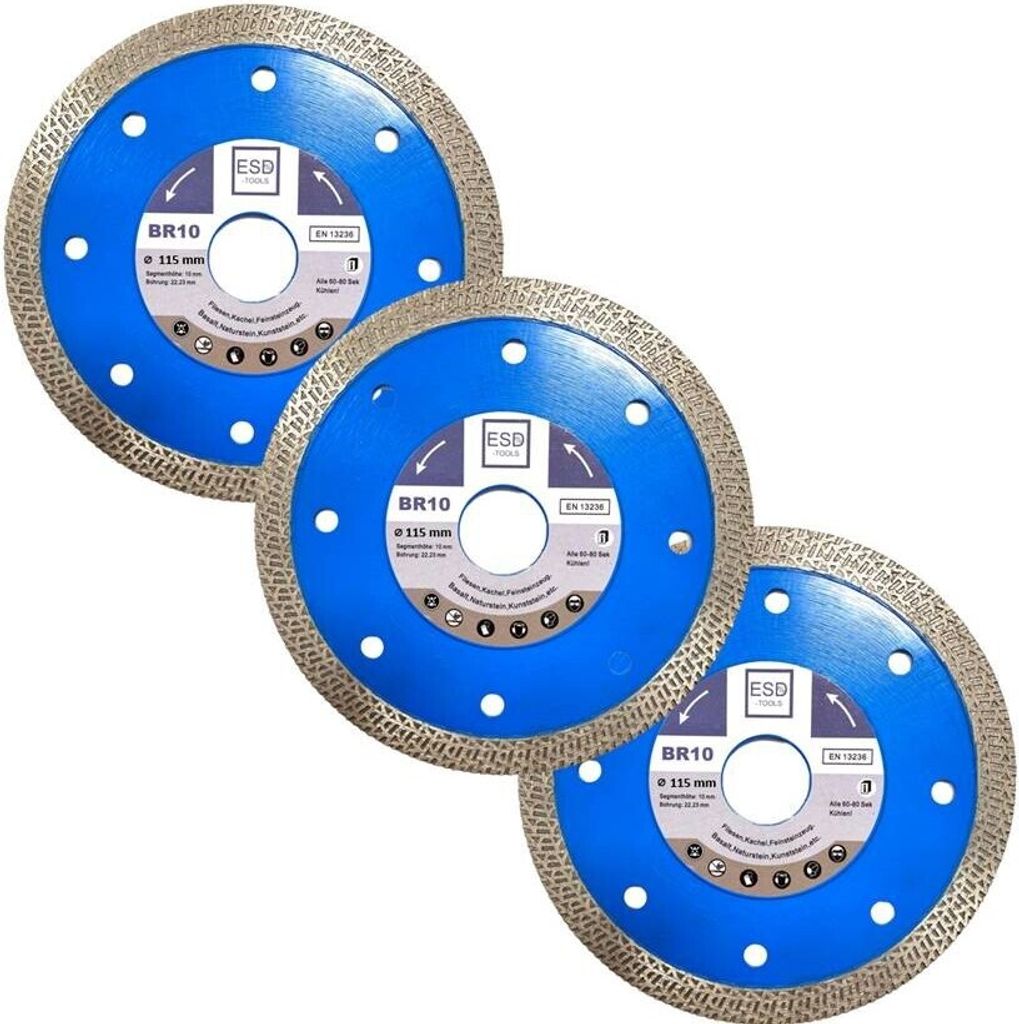 3x Diamanttrennscheibe BR10 Fliese mit verstärktem Kern Ø 115 mm