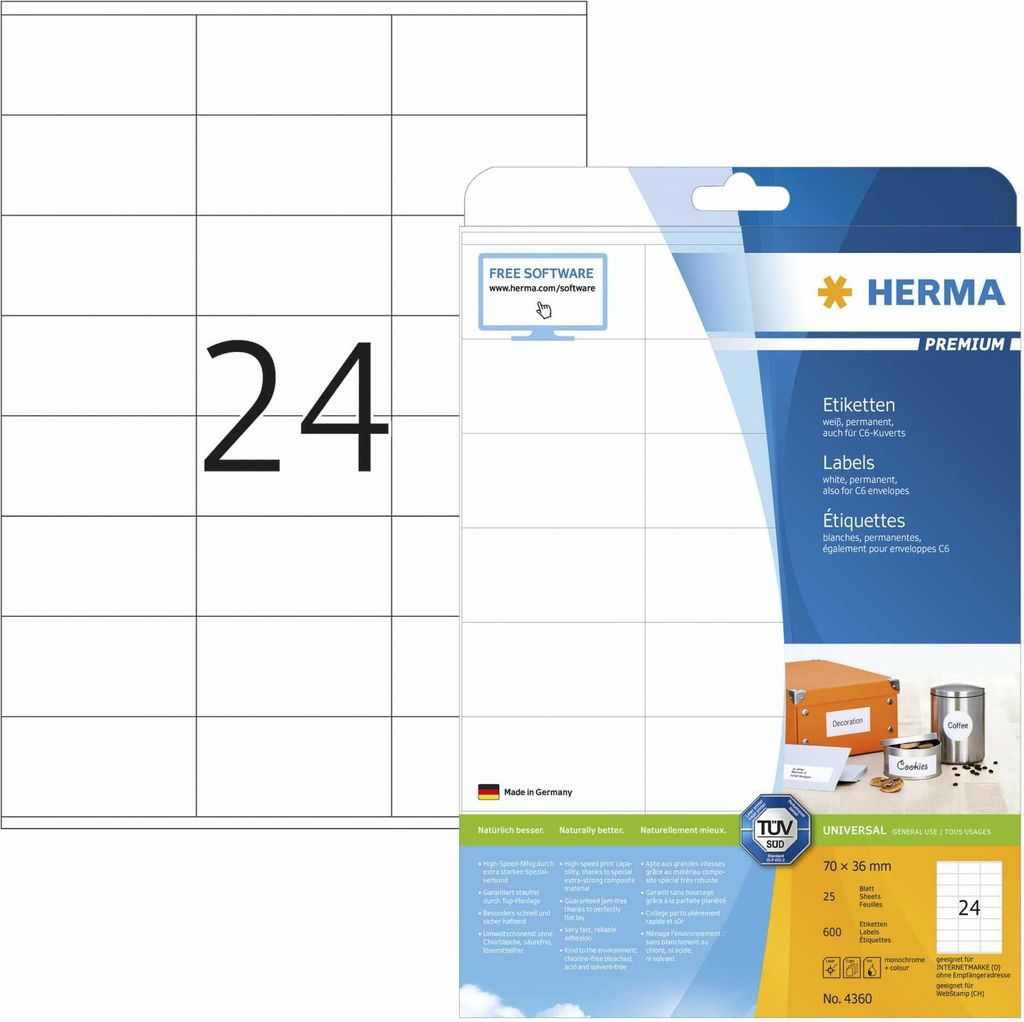 Etiketten Premium A4, weiß 70x36 mm Papier matt 600 St.