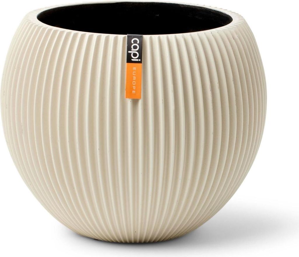 A beige spherical planter with vertical ribbed texture.