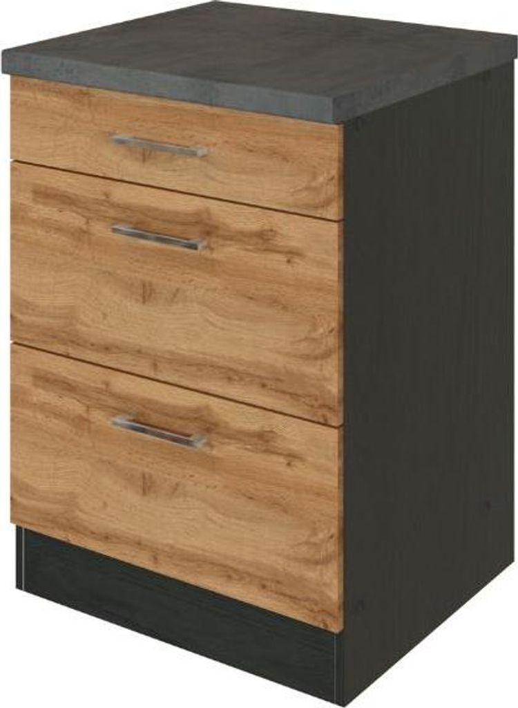Küchenschrank Sorrella 50cm 3 Schubladen - Eiche/Graphit