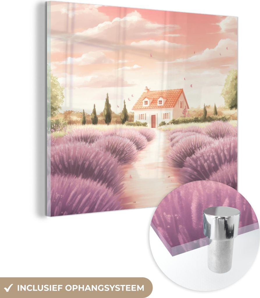 MuchoWow Glasbilder - Bilder auf Wandbild - Foto auf Glas Lavendelfeld - Haus - Lila 40x40 cm Wanddekoration aus Glas - Acrylglasbild - Acrylbilder