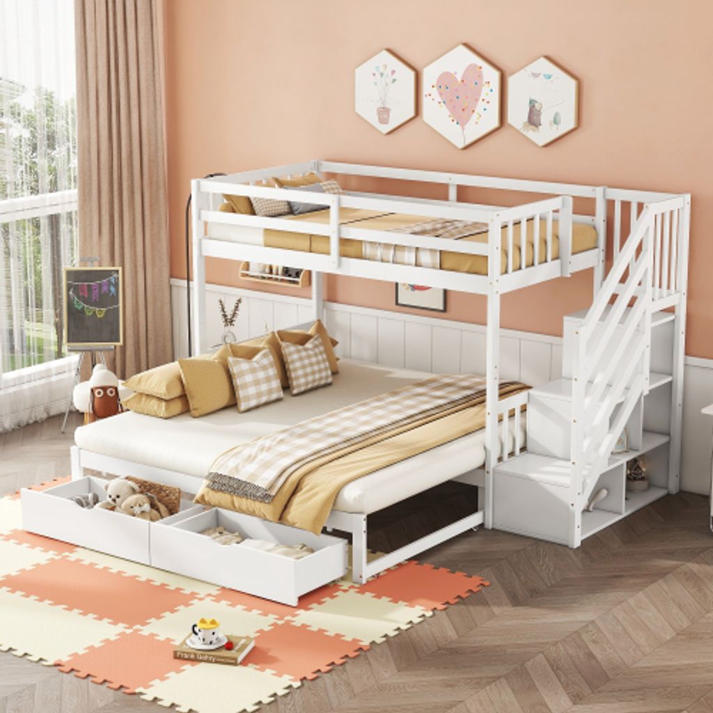 okwish Etagenbett Stockbett 90x200cm mit Ausziehbett und Stauraumleiter, Hochbett mit Rausfallschutz und Zwei Schubladen, Massivholzbett Kinderbett...