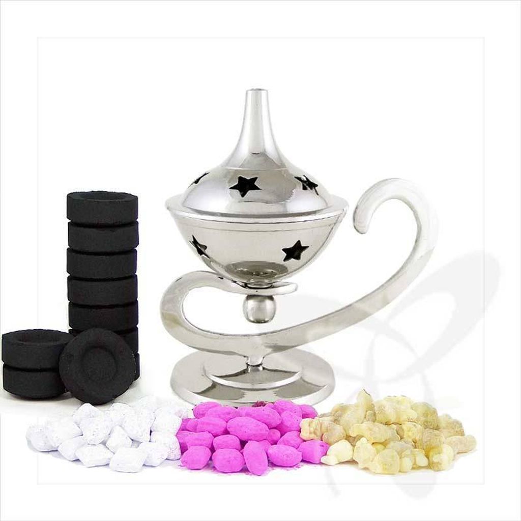 2920 Weihrauchfass Set + 3 Sorten Weihrauch + Kohle Messing Vernickelt Handarb
