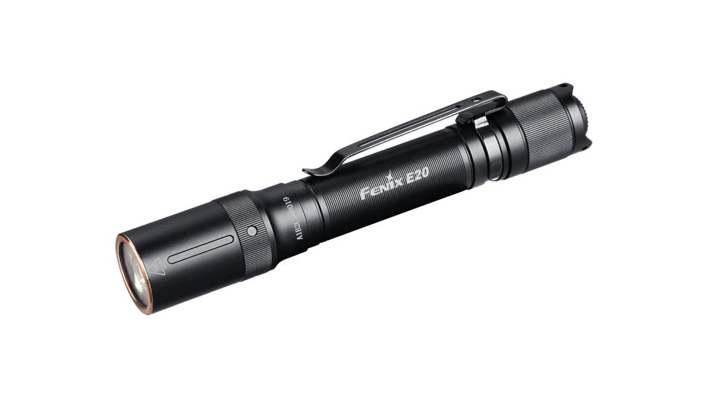 A black Fenix E20 V2.0 LED flashlight with gold accents is shown against a white background.