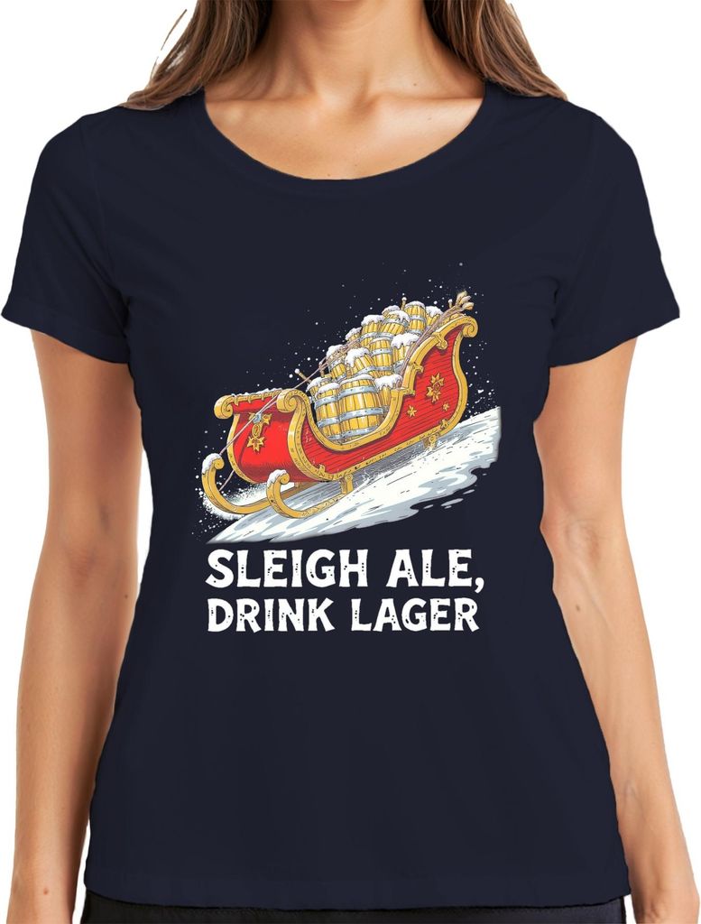 Sleigh Ale Drink Lager Weihnachten Bier Geschenk Santa lustig Damen T-Shirt, Navy, XXL