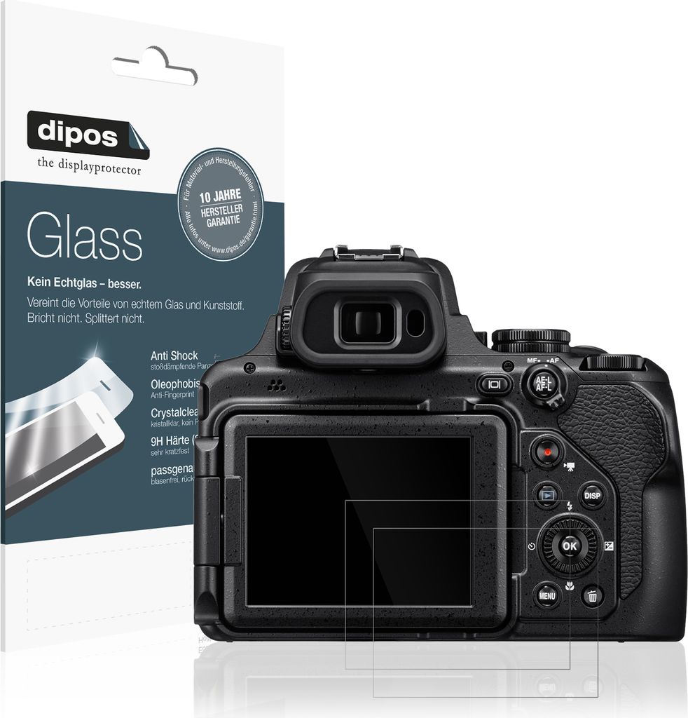2x Schutzfolie für Nikon Coolpix P1100 - Anti-Shock 9H Folie dipos Glass Kunststoffglas