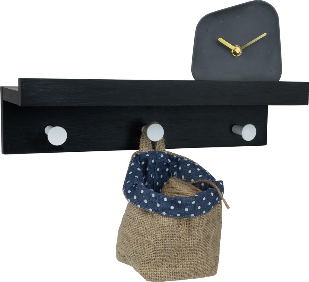 QUVIO Wandgarderobe mit Ablage - Wandregal Holz - Wandgarderobenständer schwarz - Wandgarderobenständer - 3 Haken