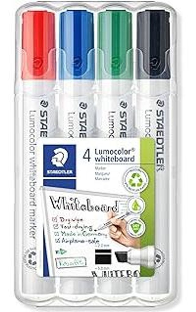 STAEDTLER Whiteboard Marker Lumocolor, trocken und rückstandsfrei abwischbar, Keilspitze ca. 2 oder 5 mm, hohe Qualität Germany, Set mit 4 Farbe...
