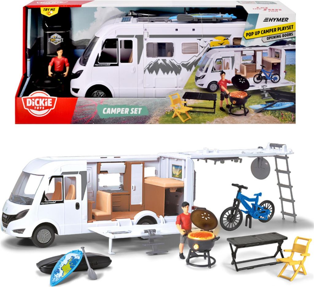 A toy camper van playset in its packaging and another view of the playset with accessories.