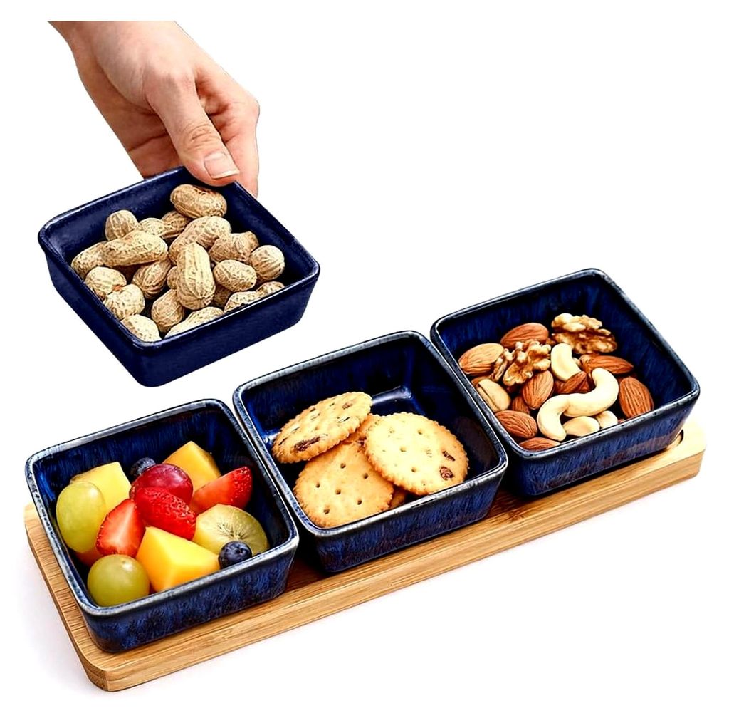 Dipschalen Set mit Holzbrett, 3er Set Keramik Schalen für Snacks, Marmeladen und Desserts (Farbverlauf Blau)