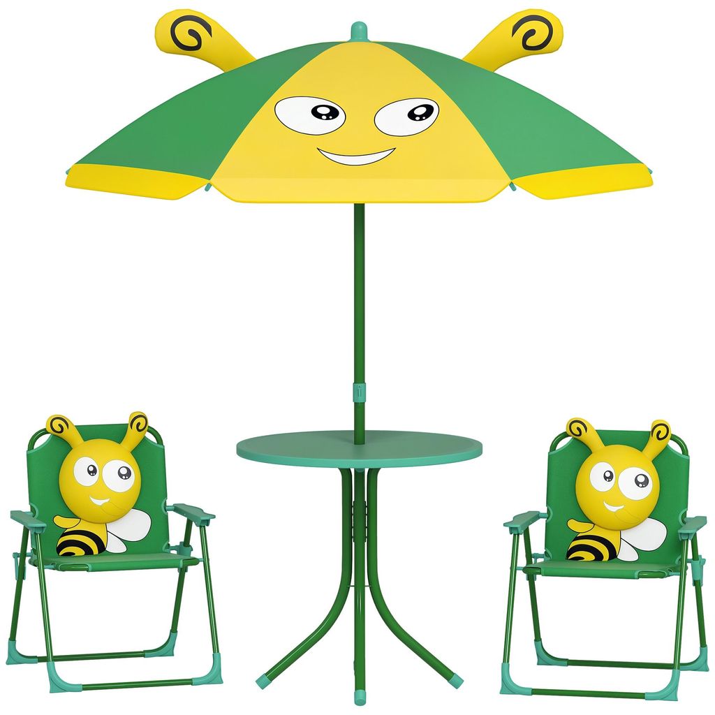 AIYAPLAY Gartenm?bel-Set fš¹r Kinder. Stš¹hle. Tisch. Sonnenschirm. Bienen-Design. Grš¹n+Gelb