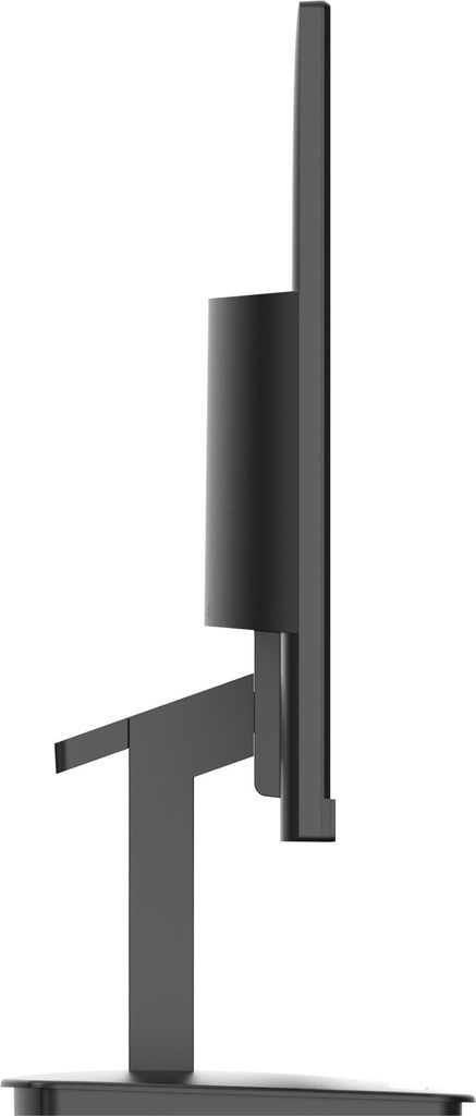 Side view of a black computer monitor on a stand against a white background.