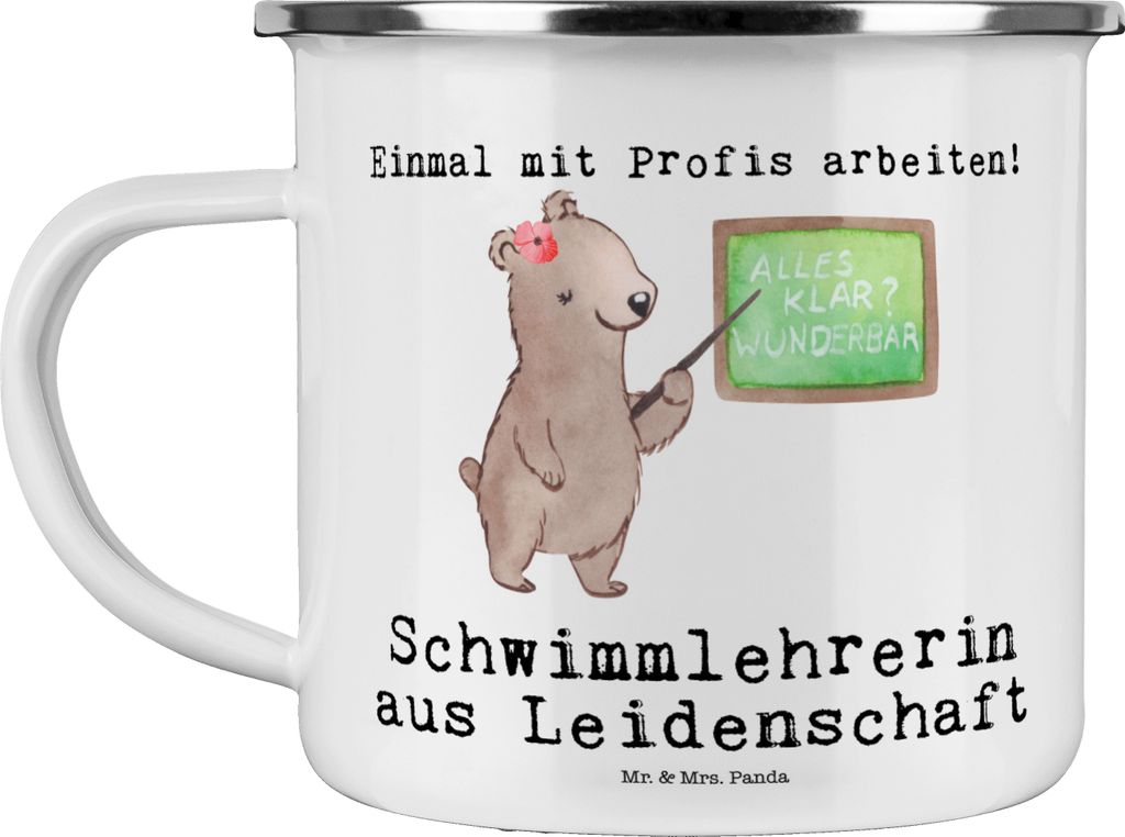 Mr. & Mrs. Panda Emaille Becher Schwimmlehrerin Leidenschaft - Weiß - Geschenk, Schwimmschule, Spruch, Tasse, Teetasse, Pott, Lustig, Beruf, Schwi...