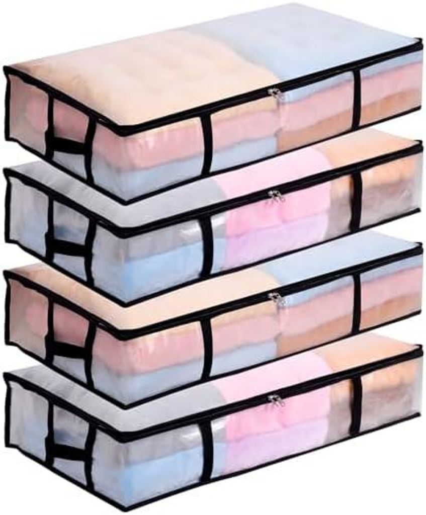 Dntorx 4 Stš¹ck 90L Unterbett Aufbewahrungsbox mit Deckel Gro?, Transparente Unterbettkommode Faltbare Aufbewahrungstasche mit Griff, Unterbett A...