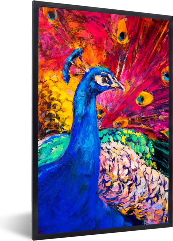 MuchoWow Gerahmtes Poster Gemälde - Vogel - Pfau - Ölgemälde 20x30 cm - Poster mit Schwarzem Bilderrahmen Wandposter Rahmen Foto Bilder - Druc...