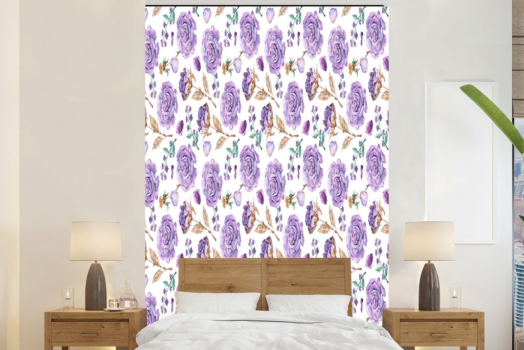 MuchoWow Fototapete für Wohnzimmer oder Schlafzimmer Wandtapete Vinyl Motivtapete Blumen - Lila - Rosen - 180x280 cm - Wallpaper