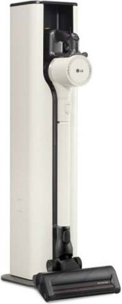 A white and black LG CordZero A9T cordless vacuum cleaner is shown standing upright on a white surface.