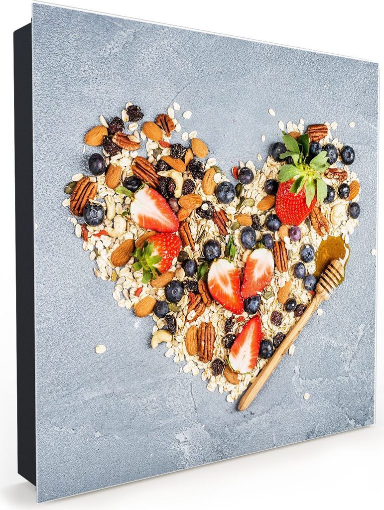 Nachbildung-Schlüsselkasten, Magnetpinnwand und Memoboard mit Glasfront Motiv Herz aus Flocken und Beeren