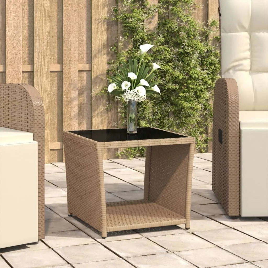 Tavolino Salvaspazio Beige Poly Rattan e Vetro per Balcone e Patio