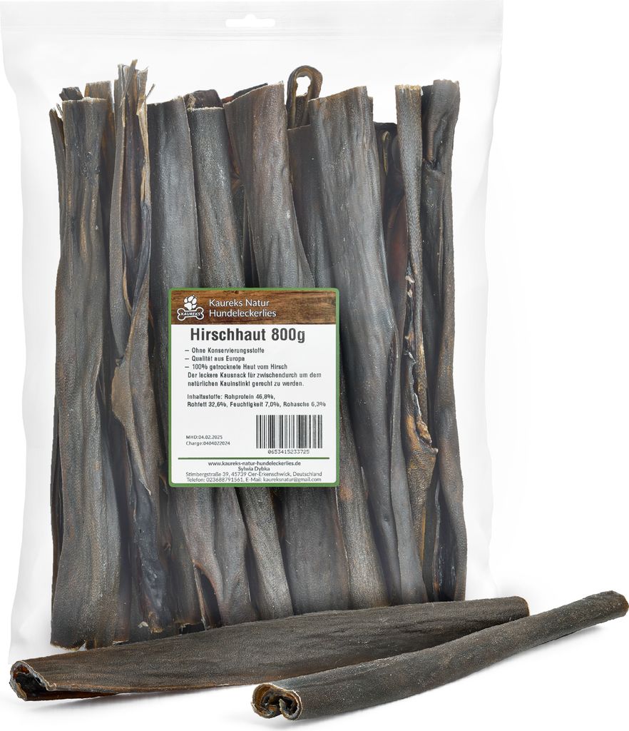 Kaureks Natur Hundeleckerlies, Hirschhaut 800g ca. 25-30 cm natürliche Zahnpflege für Hunde, wie Pferdekopfhaut, Rinderkopfhaut