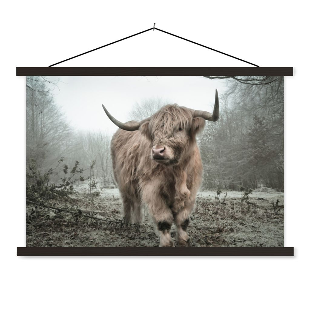 MuchoWow Textilposter Schottische Highlander - Natur - Herbst - Tiere - Wildtiere - Wald 120x80 cm mit schwarzem Rahmen - Wanddeko