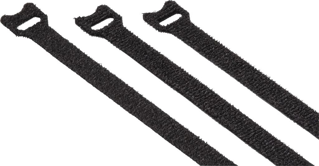 Three black velcro straps are laid out diagonally on a white background.