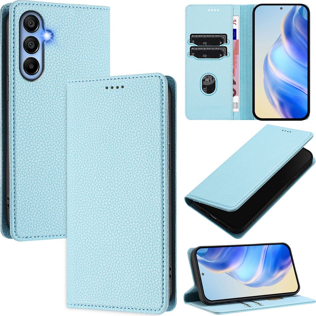 Litchi Leder Handyhülle für Samsung Galaxy A15 5G / A15 4G Wallet Kartenfächer Standfunktion Hülle Hellblau