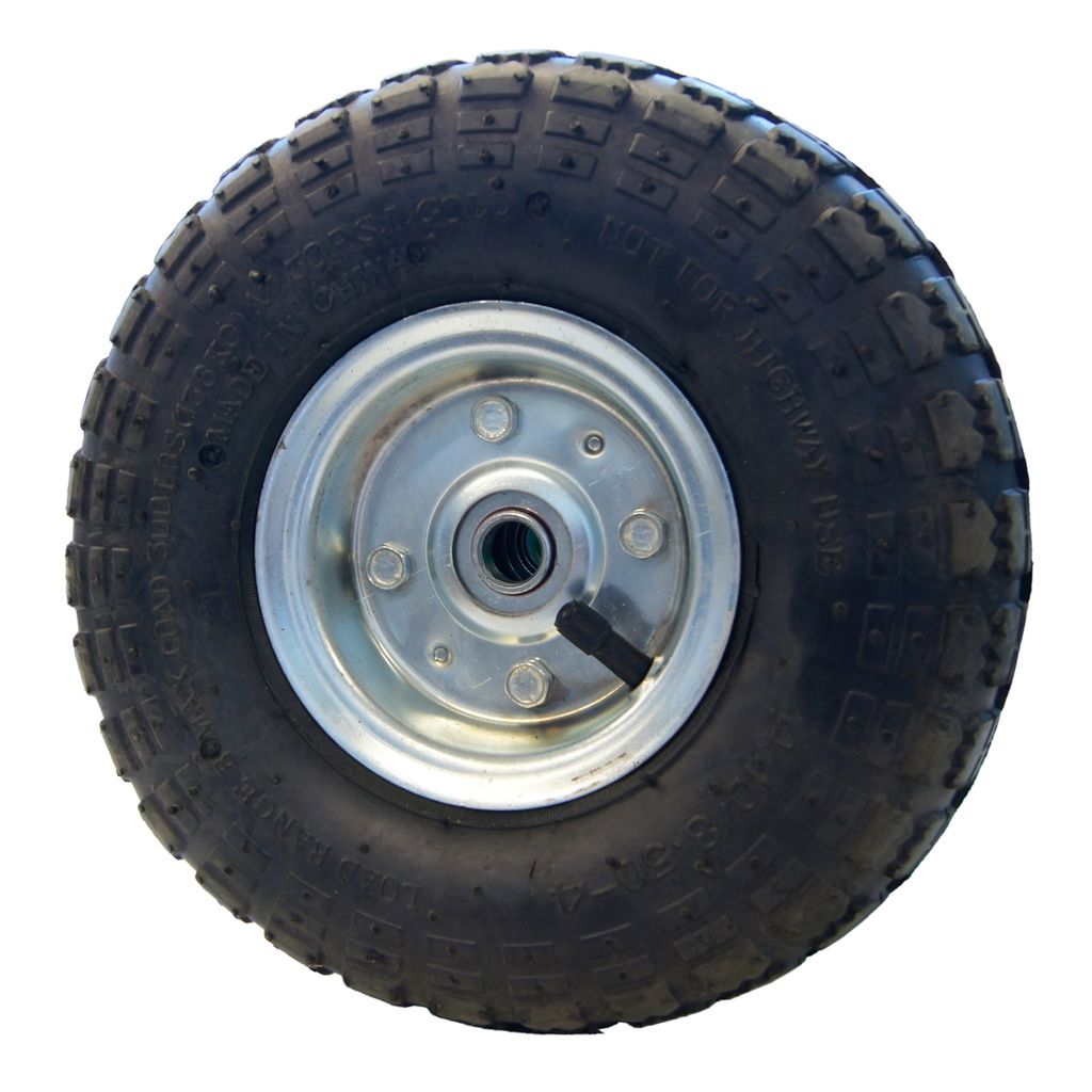 A close-up of a single wheel with a tire and rim.