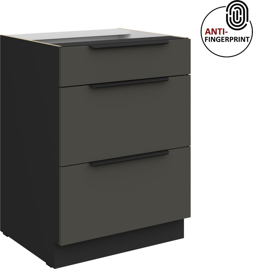 Küchen Unterschrank 60 cm Küche ARIA Graphite ultra matt + Schwarz matt, hochwertige Fronten mit Anti Fingerprint Beschichtung, Soft-Close Küche...