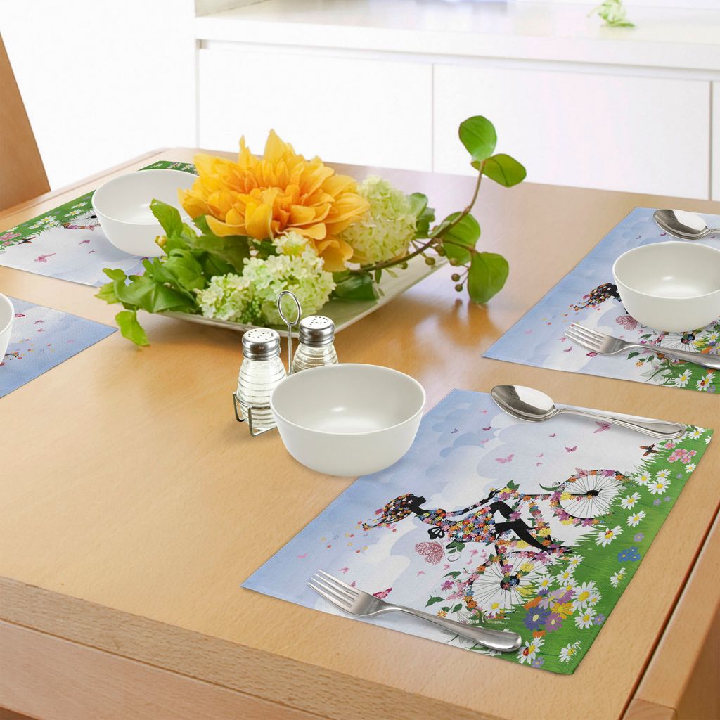 ABAKUHAUS Draussen Platzmatten, Frau, die Weinlese-Romantisches Fahrrad mit Frühlings-Zeit-Blumen im Korb-Natur-Bild reitet, Tiscjdeco aus Farbfes...