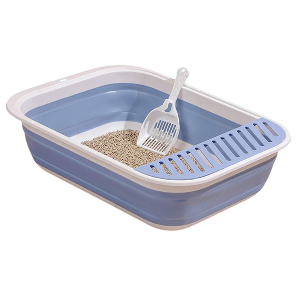 Katzentoilette Flach Kleine, Faltbare Katzenklo mit Schaufel, Blau, 46x34x12cm