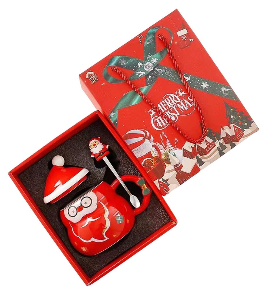 Weihnachtlicher Keramikbecher mit Deckel und Löffel, 480 ml großes Fassungsvermögen, Kaffee- und Teebecher mit Schneemann- und Weihnachtsmannmot...