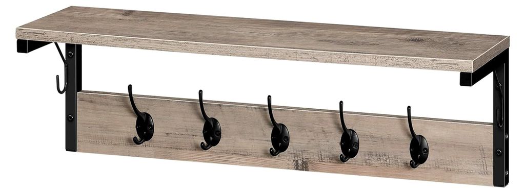 Wandgarderobe mit 7 Haken und Ablage, Hängeregal für Flur, Wohnzimmer, Küche, Greige-Schwarz