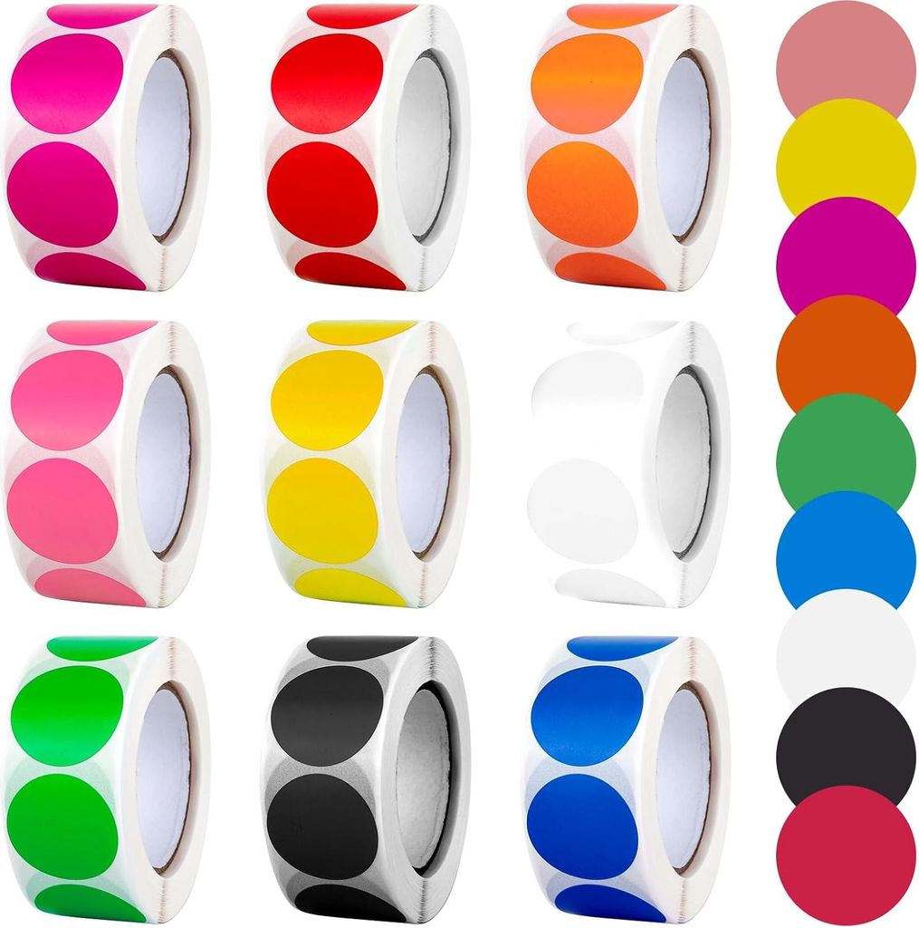 Runde Aufkleber 4500 Stück - selbstklebende Etiketten für Scrapbooking und Planner - Set von 9 Rollen mit 25 mm runden Etiketten in 9 Farben, fle...
