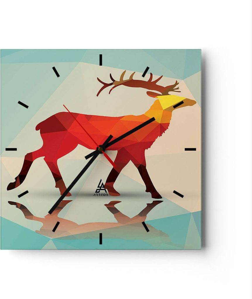Wanduhr - Quadrat - Glasuhr - Hirsch Illustration modern Grafik - 40x40cm - Schleichendes Uhrwerk - Lautlos - zum Aufhängen bereit - Dekoration Mo...