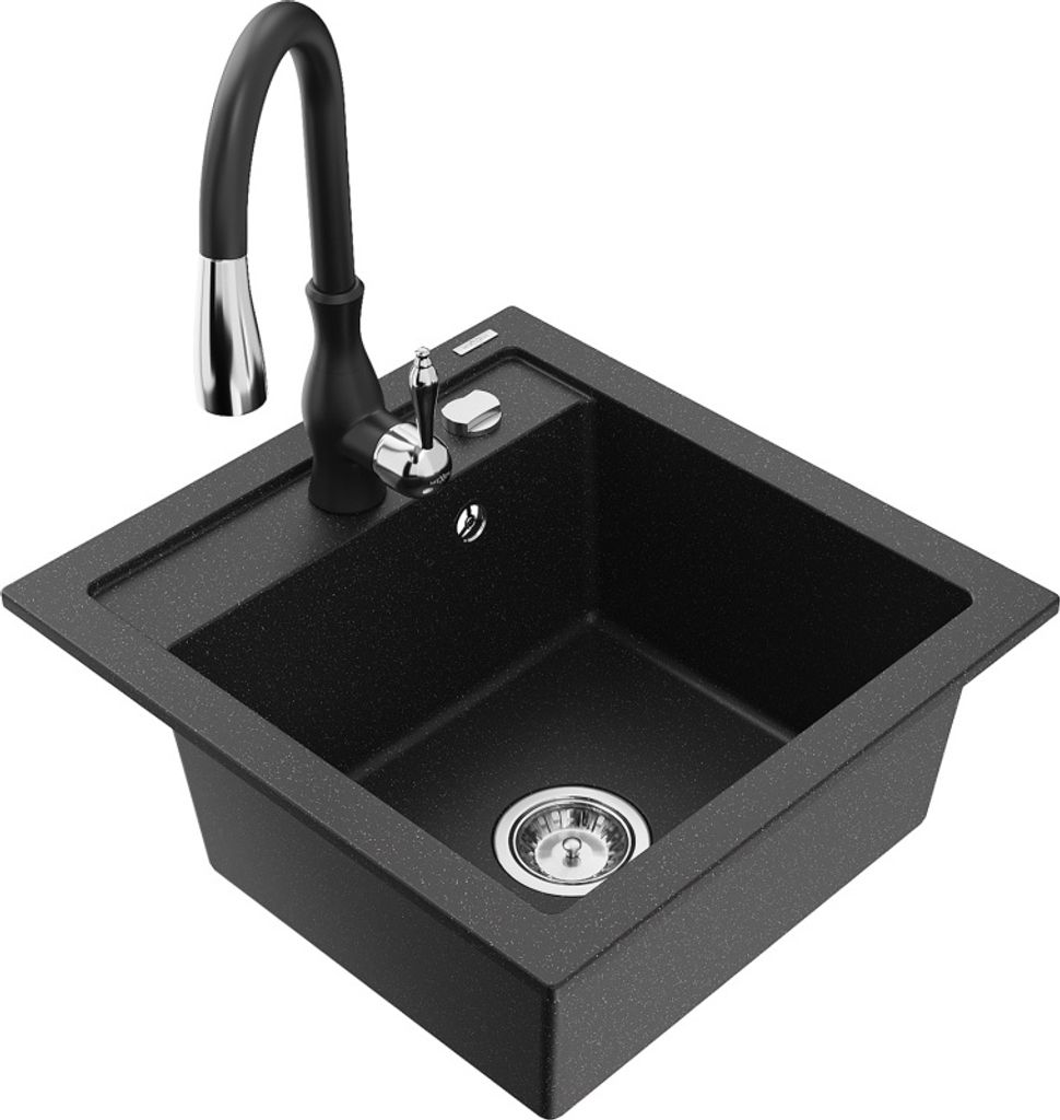 Mexen Vito 1-Becken-Granit-Spüle mit Mischbatterie Savita, Schwarz/Silbermetallic - 6503-73-672601-70
