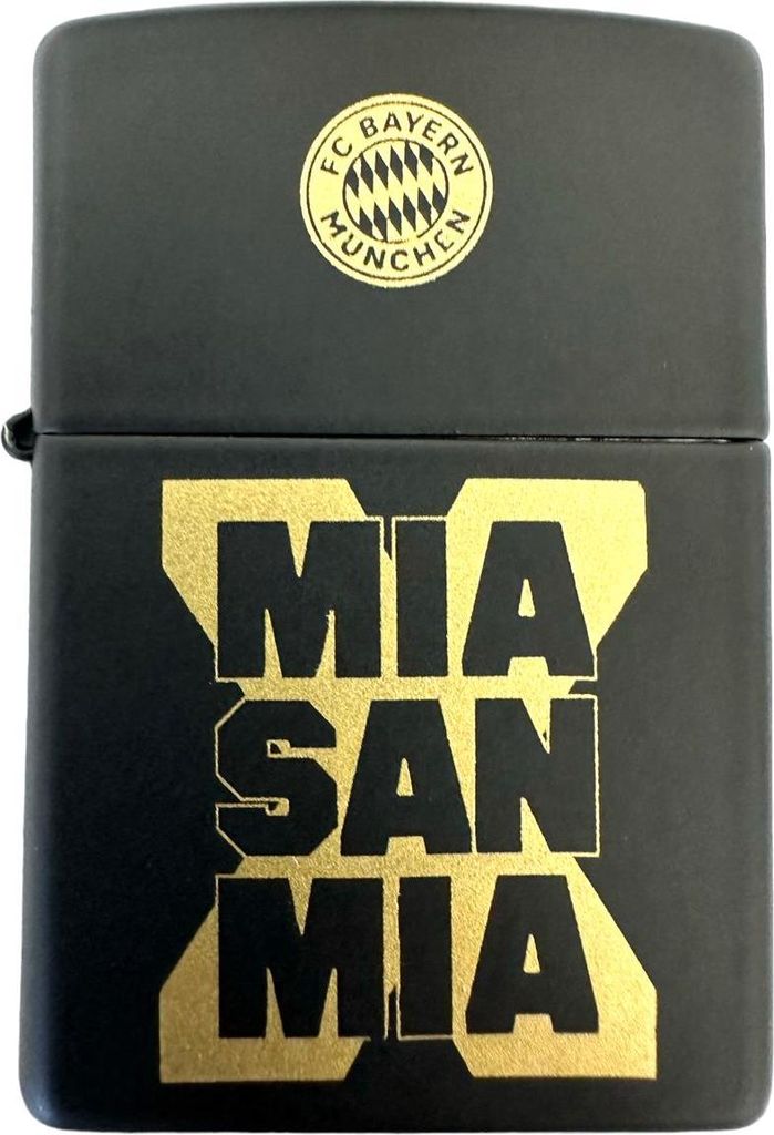 Zippo Feuerzeug FC Bayern München Mia san Mia schwarz mit goldfarbenem Logo und Slogan