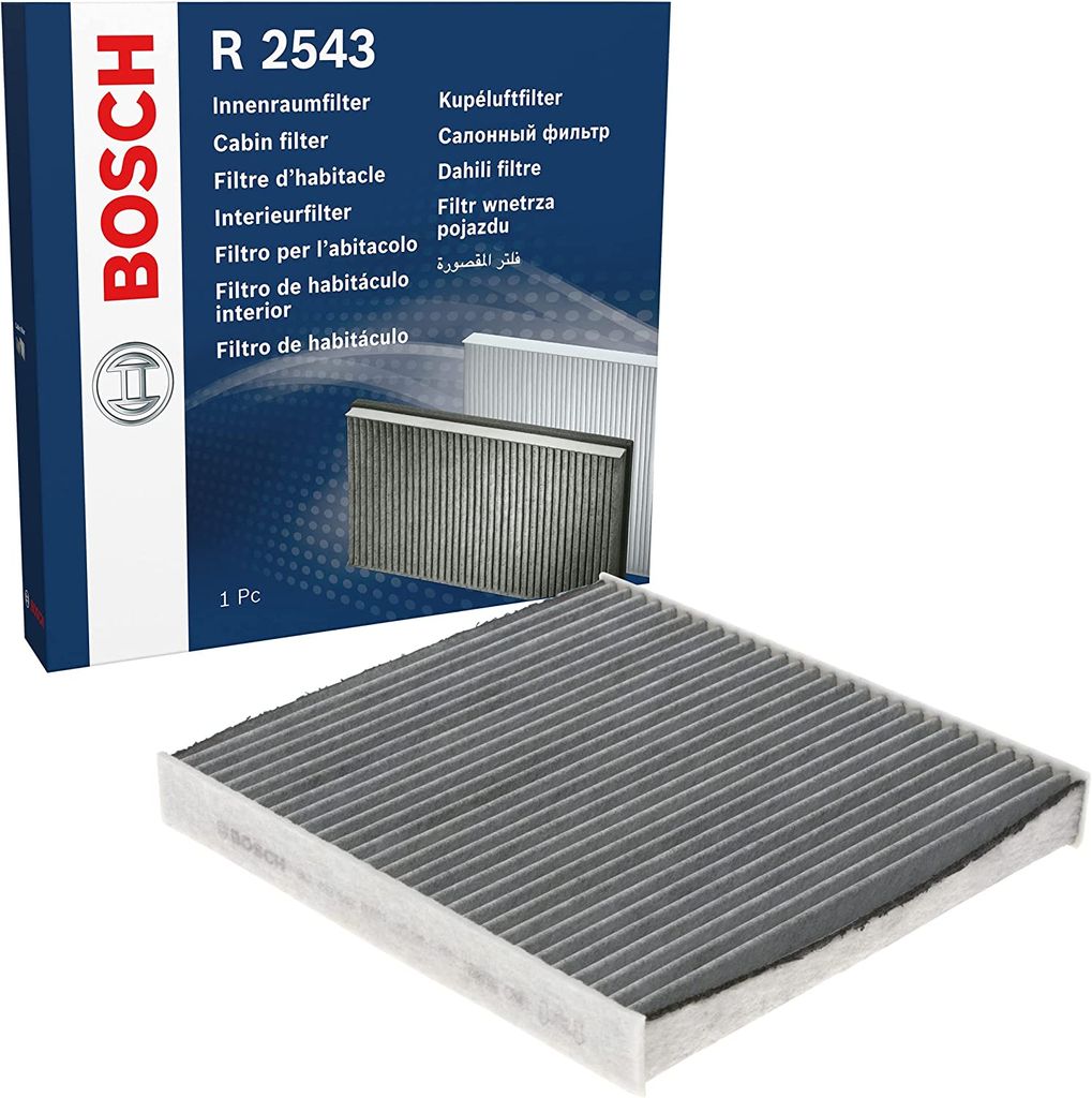 Bosch R2543 Aktivkohle Innenraumfilter - filtert Gerüche, Pollen und Staub - Ersatzfilter für bessere Luftqualität im Fahrzeuginnenraum