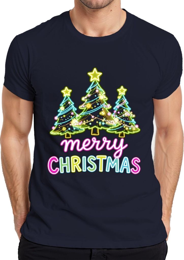 merry CHRISTMAS Neon Weihnachtsbäume Leuchtschrift Retro Geschenk Herren T-Shirt, Navy, XXL