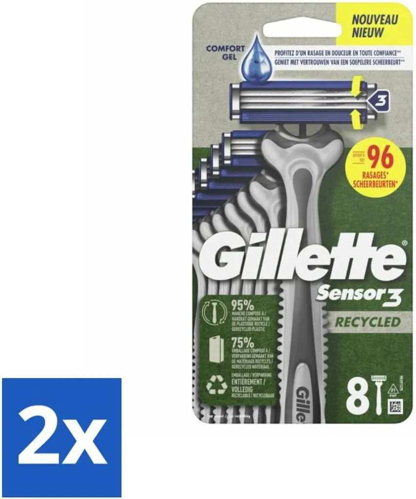 Gillette Sensor3 Rasoir Jetable Recyclé - Lot Économique de 8 Lames x2