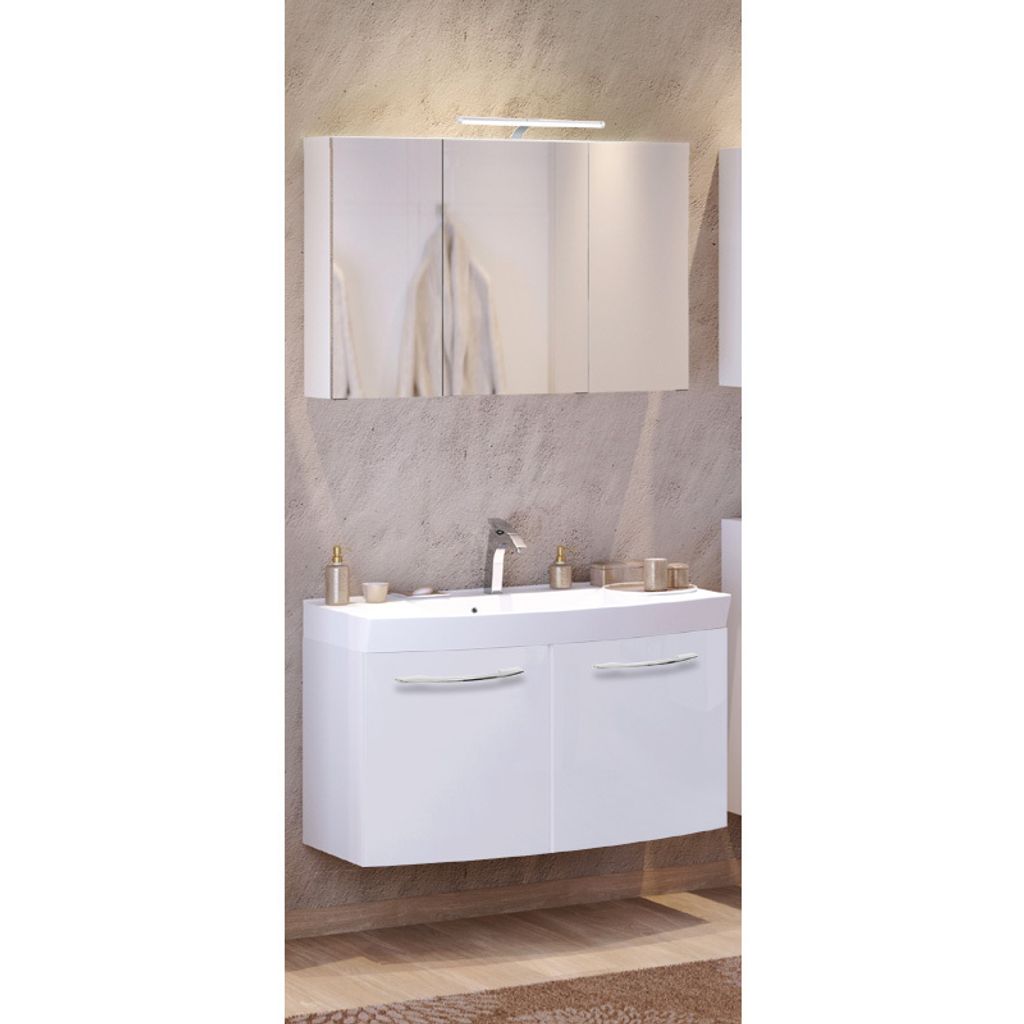 Waschtisch & Spiegelschrank Set FLORIDO-03 Hochglanz weiß, 100cm Waschtisch mit 2 Türen, Spiegelschrank mit LED-Aufbauleuchte, B x H x T: ca. 100...