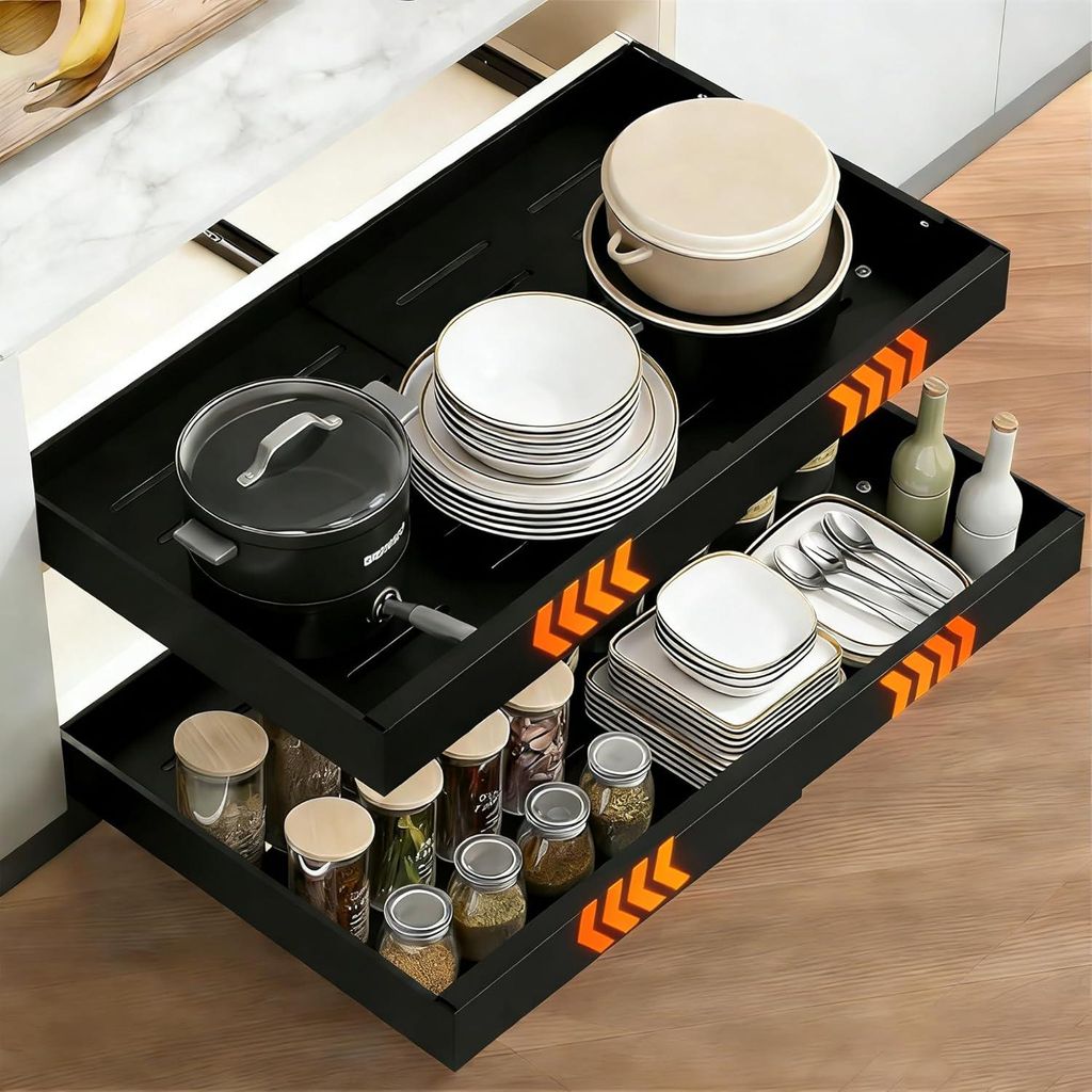 2 x Schwarz HAUSPROFI Teleskopschublade Küchenschrank Ausziehbare Schublade Organizer ohne Bohren 32-52cm Breite x 42cm Tiefe