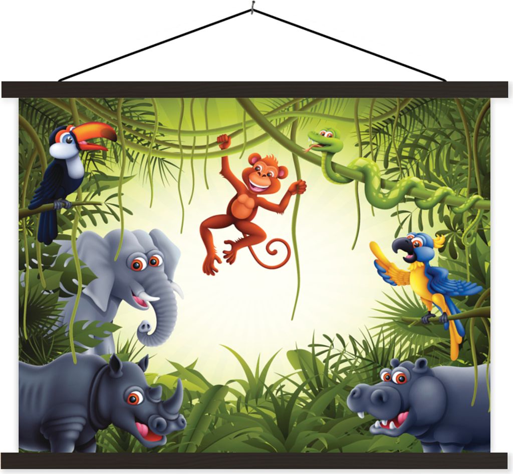 MuchoWow Textilposter Illustration - Wildlife - Dschungel - Jungen - Baby - Mädchen 150x113 cm mit holzfarbenen Rahmen - Poster