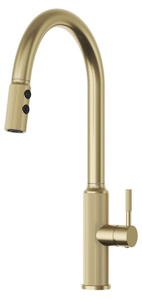 Granitan | Küchenarmatur - Hoch - Bogen - Gold - Wasserhahn Küchen - mit Herunterziehen Brause - mit Flexibler Auslauf - LUNA