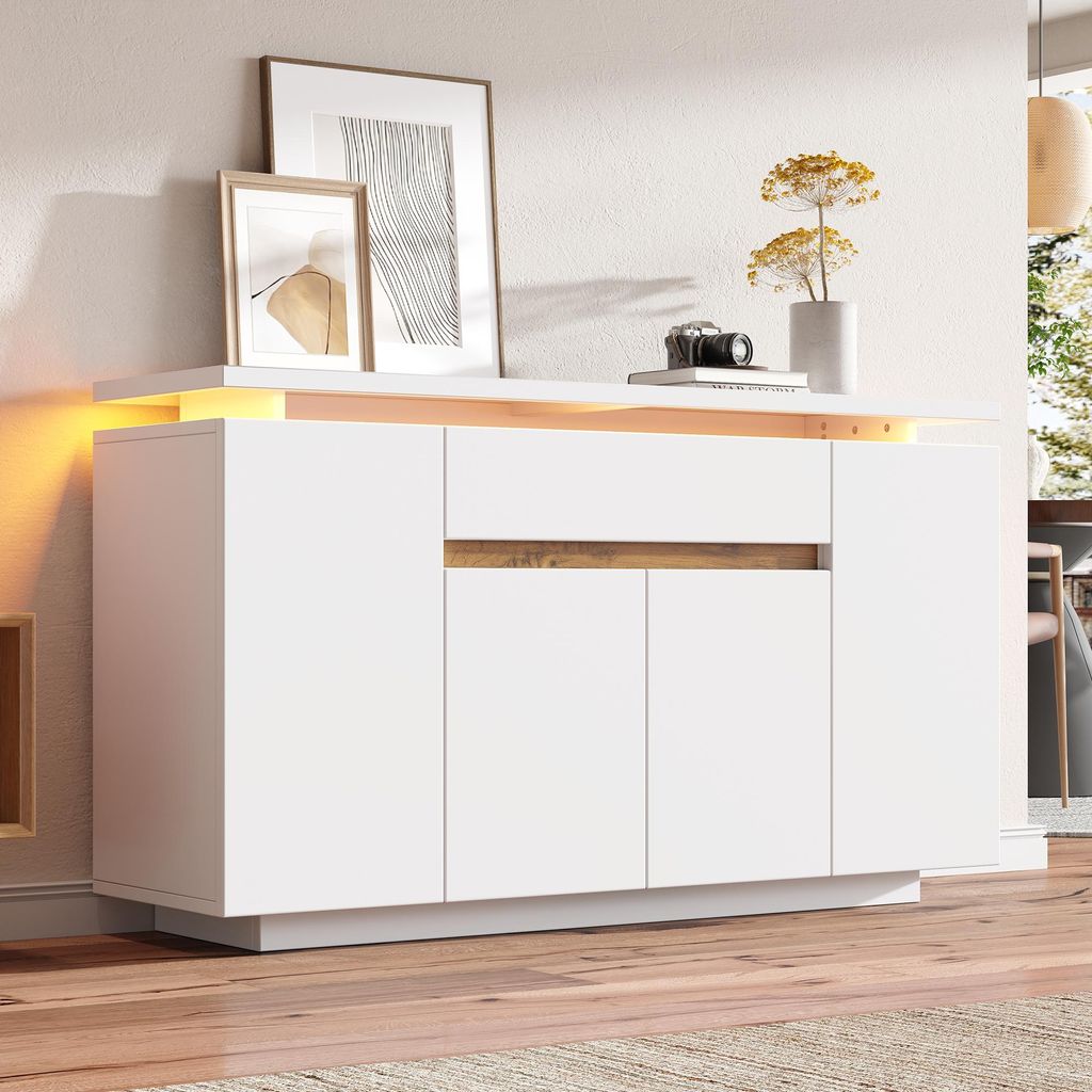 Merax Kommode Sideboard mit LED-Beleuchtung, 1 Schublade, 4 Türen, Viel Stauraum für Wohnzimmer, Flur oder Küche, Anrichte, Weiß, 140 x 40 x 80 cm